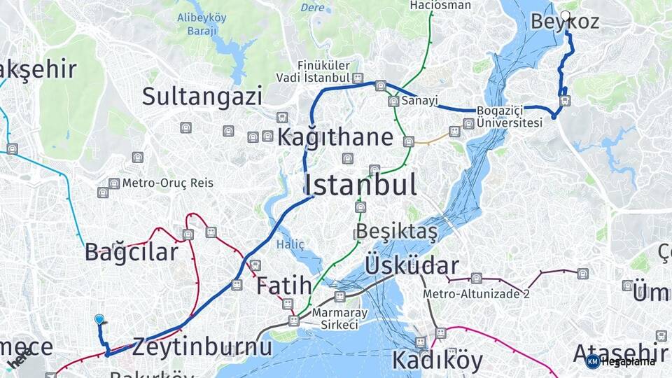 İstanbul Bahçelievler Şirinevler Beykoz Arası Kaç Km - Yol Haritası