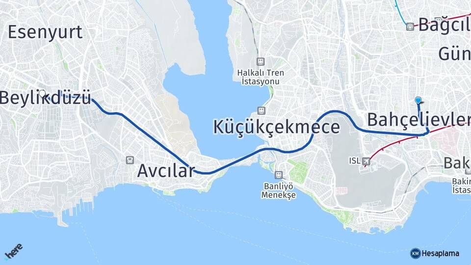 İstanbul Bahçelievler Şirinevler Beylikdüzü Arası Kaç Km - Yol Haritası