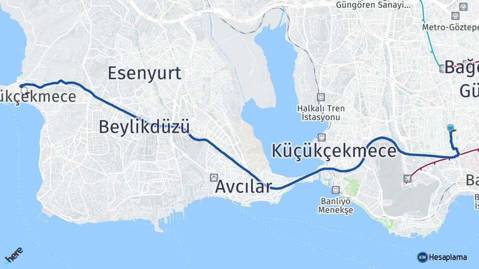 İstanbul Bahçelievler Şirinevler Büyükçekmece Arası Kaç Km - Yol Haritası