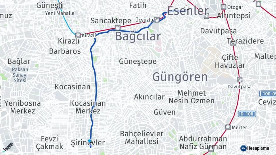 İstanbul Bahçelievler Şirinevler Esenler Arası Kaç Km - Yol Haritası