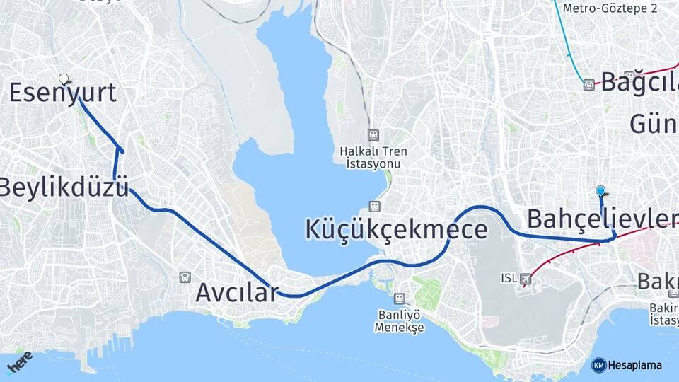 İstanbul Bahçelievler Şirinevler Esenyurt Arası Kaç Km - Yol Haritası