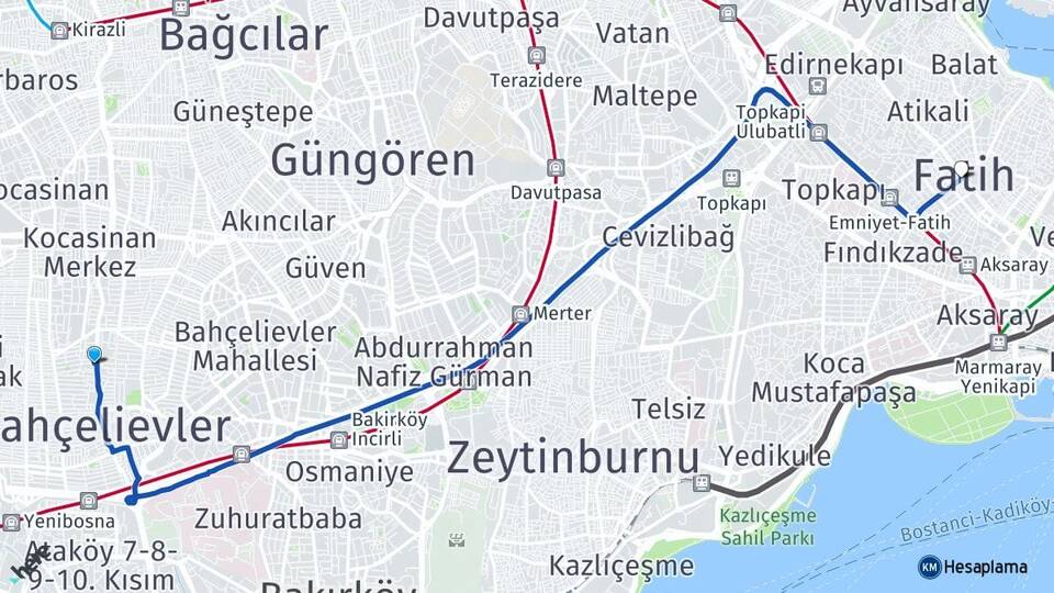 İstanbul Bahçelievler Şirinevler Fatih Arası Kaç Km - Yol Haritası
