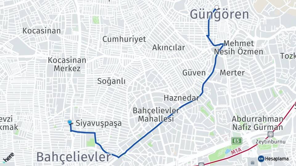 İstanbul Bahçelievler Şirinevler Güngören Arası Kaç Km - Yol Haritası