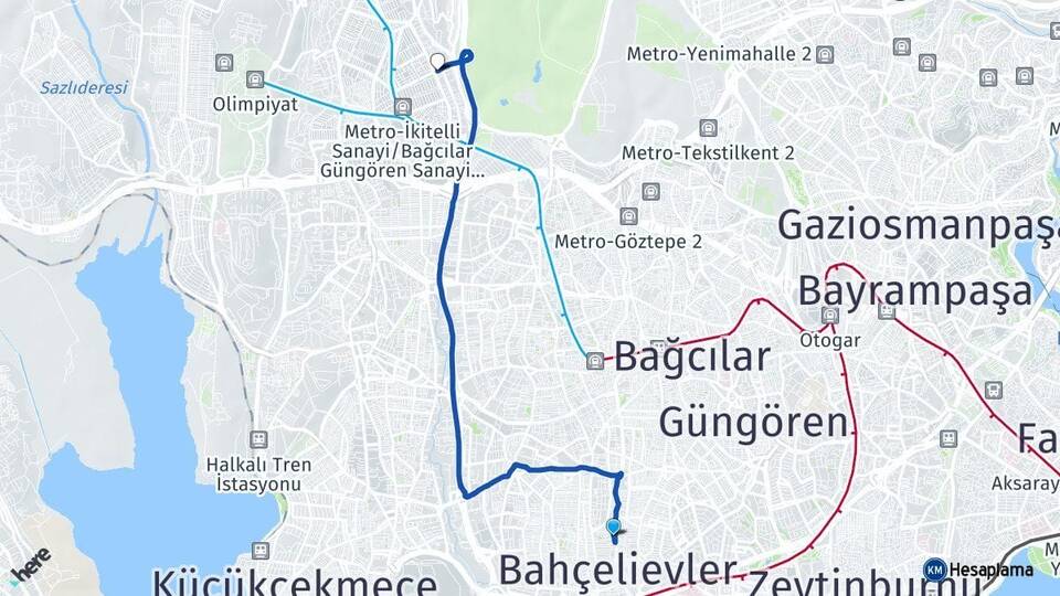 İstanbul Bahçelievler Şirinevler İkitelli OSB Başakşehir Arası Kaç Km - Yol Haritası