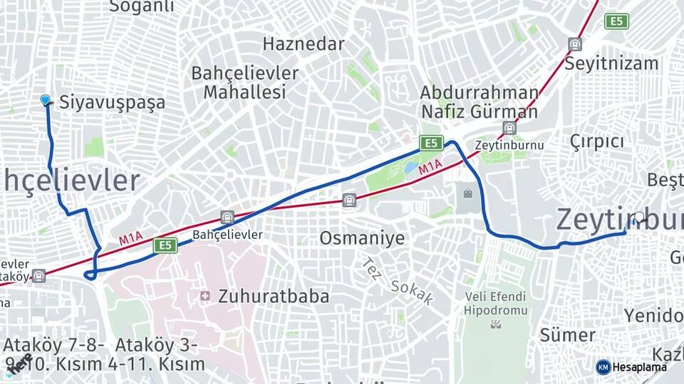 İstanbul Bahçelievler Şirinevler Zeytinburnu Arası Kaç Km - Yol Haritası