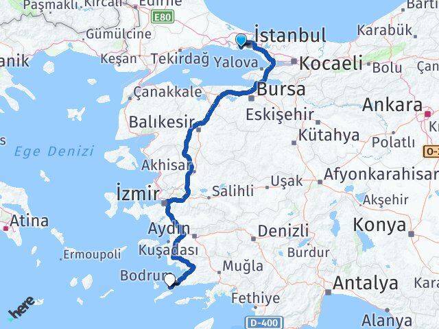 İstanbul Bahçelievler Yenibosna Akyarlar Bodrum Muğla Arası Kaç Km - Yol Haritası