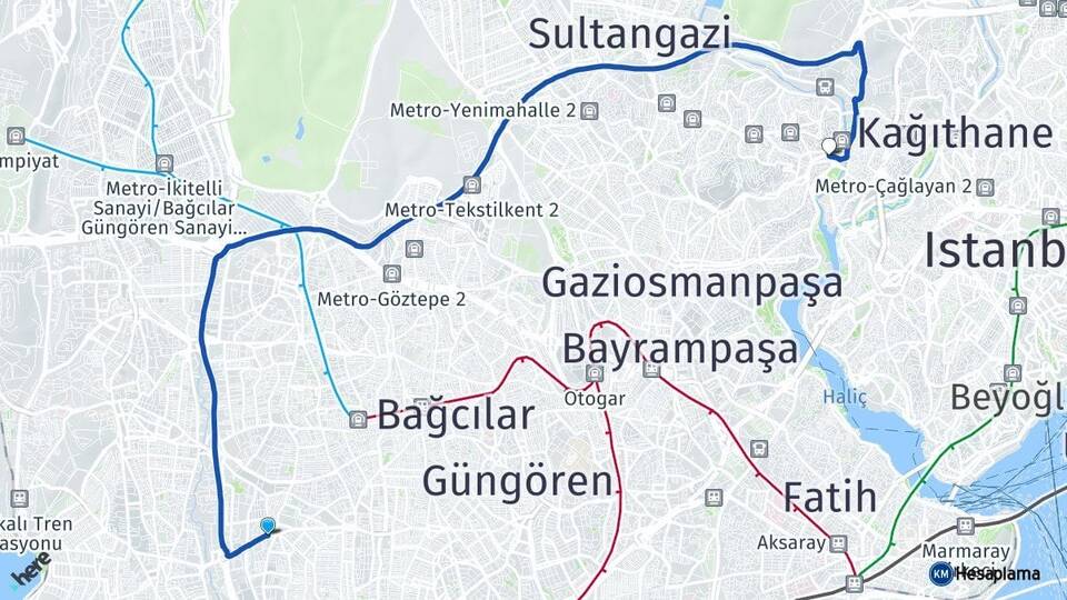 İstanbul Bahçelievler Yenibosna Alibeyköy Eyüpsultan Arası Kaç Km - Yol Haritası
