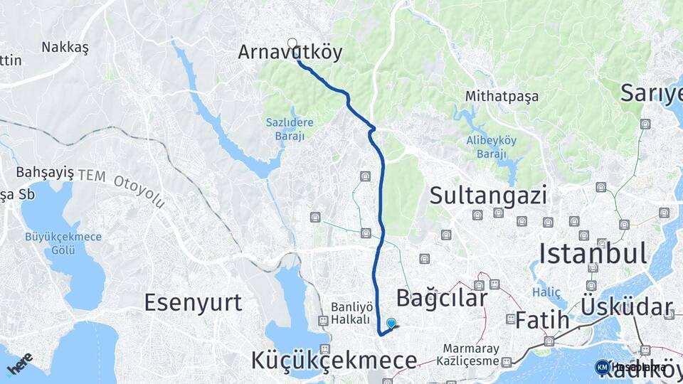 İstanbul Bahçelievler Yenibosna Arnavutköy Arası Kaç Km - Yol Haritası