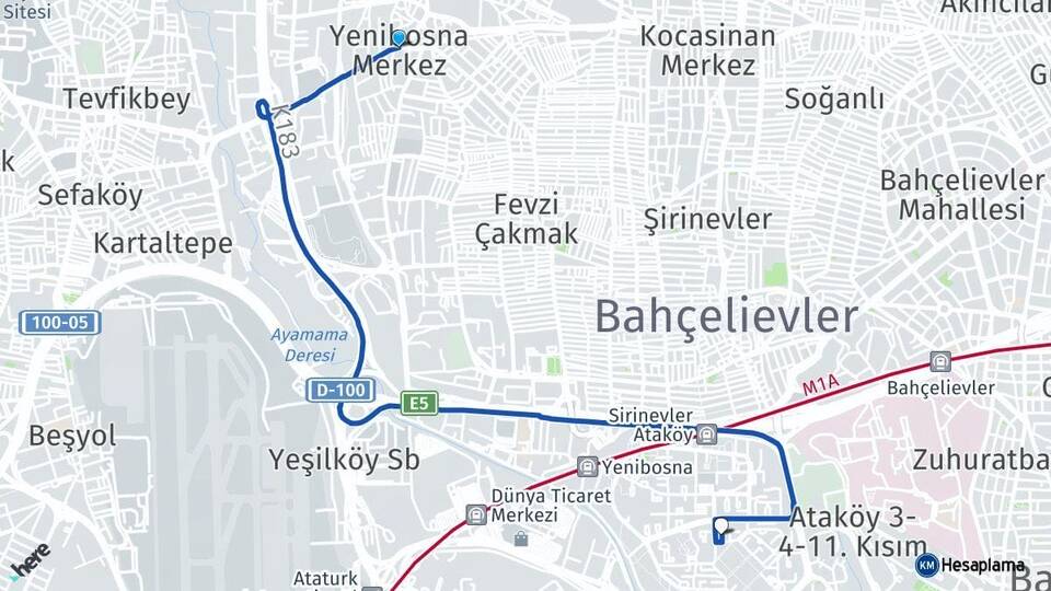 İstanbul Bahçelievler Yenibosna Ataköy 7-8-9-10. Kısım Bakırköy Arası Kaç Km - Yol Haritası