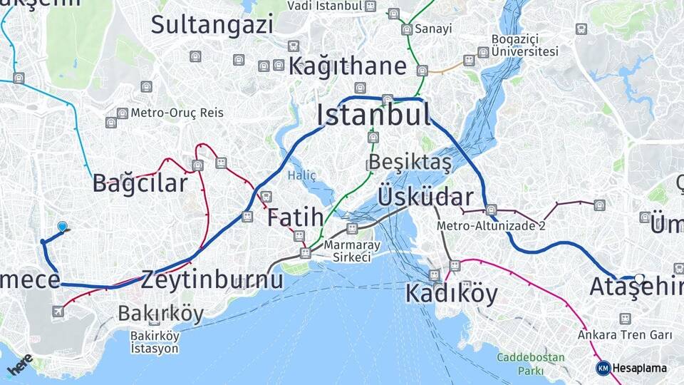 İstanbul Bahçelievler Yenibosna Ataşehir Arası Kaç Km - Yol Haritası