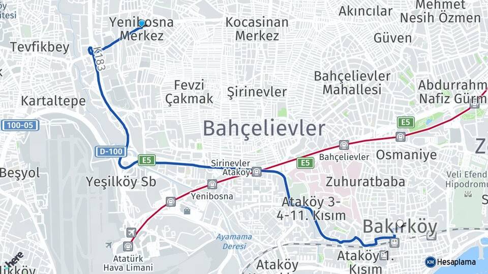 İstanbul Bahçelievler Yenibosna Bakırköy Arası Kaç Km - Yol Haritası