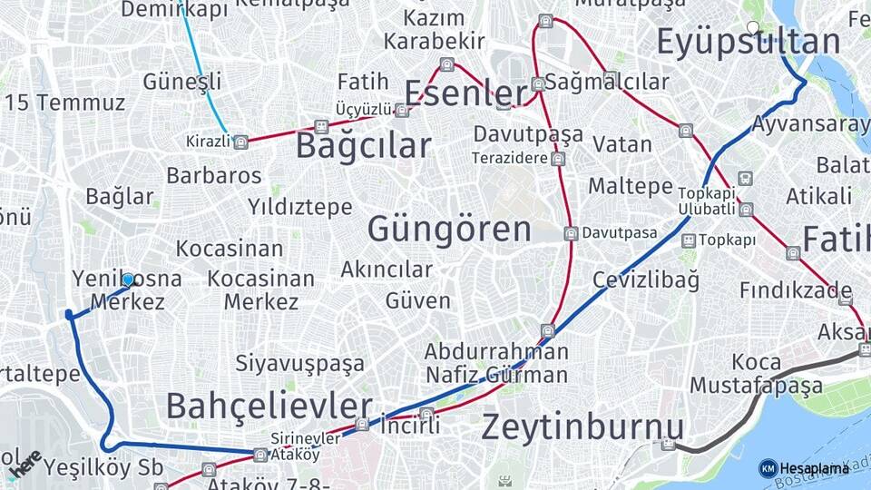 İstanbul Bahçelievler Yenibosna Eyüpsultan Arası Kaç Km - Yol Haritası