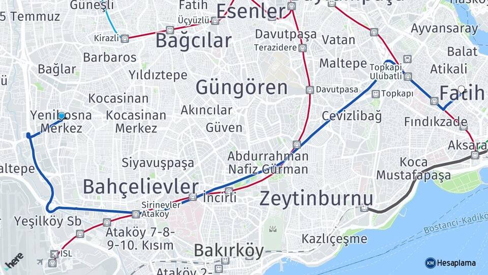 İstanbul Bahçelievler Yenibosna Fatih Arası Kaç Km - Yol Haritası