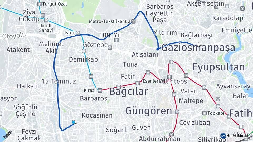 İstanbul Bahçelievler Yenibosna Gaziosmanpaşa Arası Kaç Km - Yol Haritası