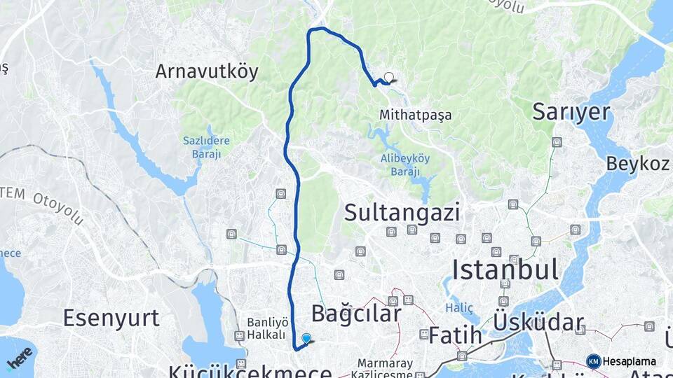 İstanbul Bahçelievler Yenibosna Göktürk Eyüpsultan Arası Kaç Km - Yol Haritası