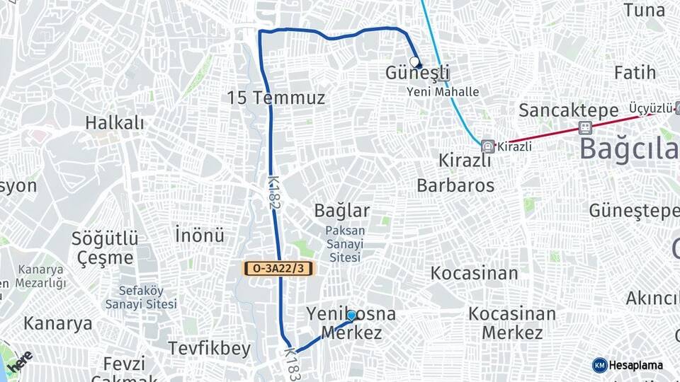 İstanbul Bahçelievler Yenibosna Güneşli Bağcılar Arası Kaç Km - Yol Haritası