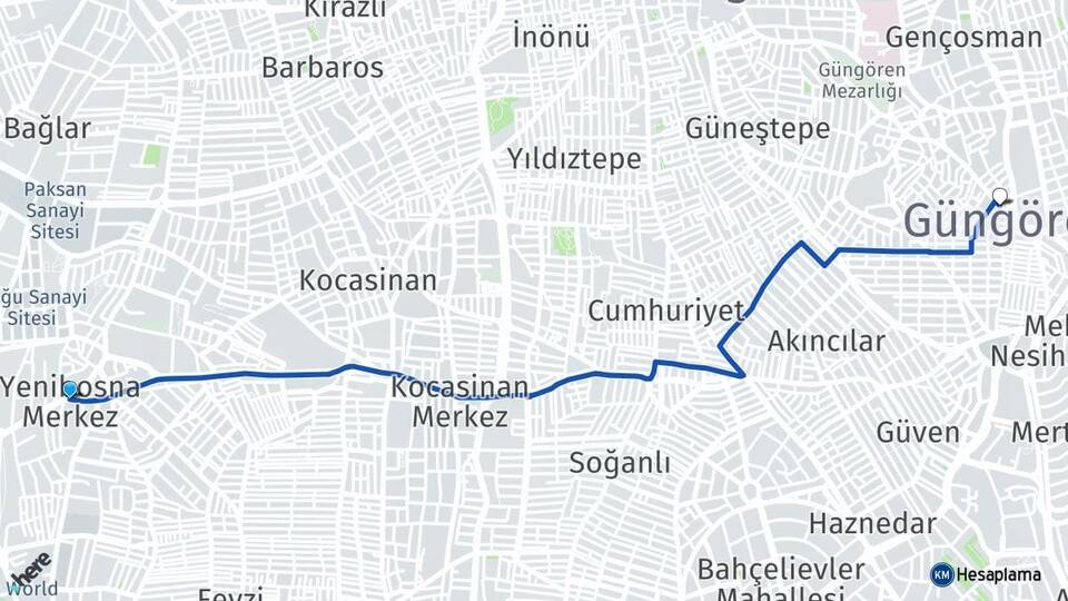 İstanbul Bahçelievler Yenibosna Güngören Arası Kaç Km - Yol Haritası