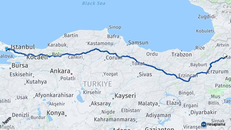 İstanbul Bahçelievler Yenibosna Nişantaşı Şenkaya Erzurum Arası Kaç Km - Yol Haritası