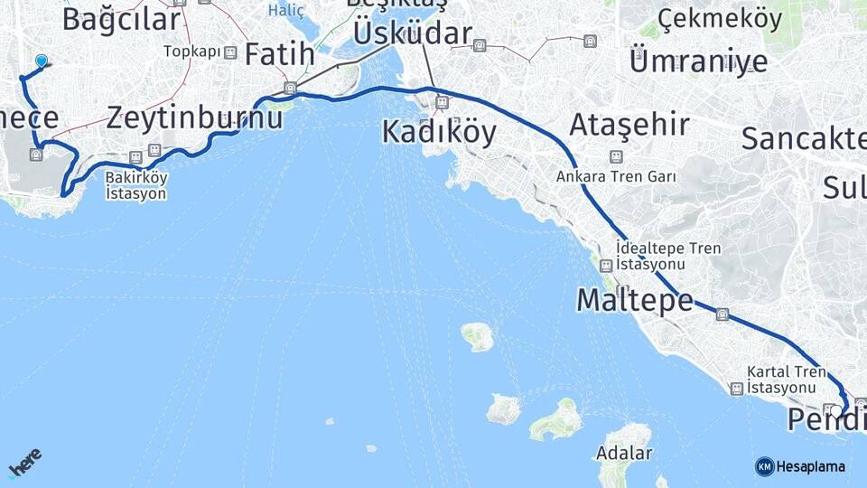 İstanbul Bahçelievler Yenibosna Pendik Arası Kaç Km - Yol Haritası