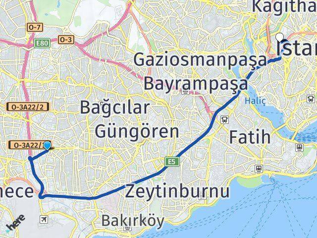 İstanbul Bahçelievler Yenibosna Talatpaşa Kağıthane Arası Kaç Km - Yol Haritası