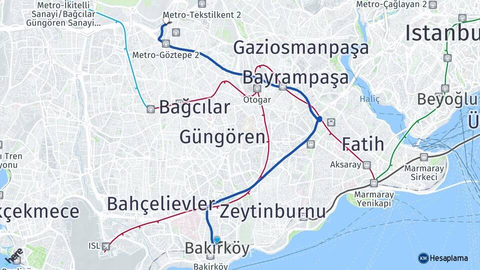 İstanbul Bakırköy 100. Yıl Bağcılar Arası Kaç Km - Yol Haritası