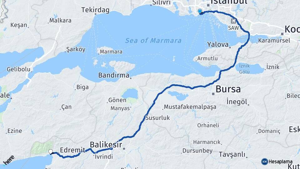 İstanbul Bakırköy Akçay Edremit Balıkesir Arası Kaç Km - Yol Haritası