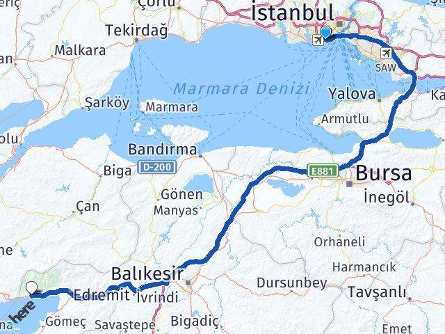 İstanbul Bakırköy Altınoluk Edremit Balıkesir Arası Kaç Km - Yol Haritası