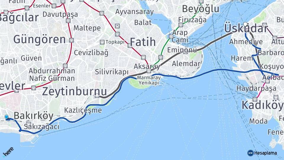 İstanbul Bakırköy Ataköy Üsküdar Arası Kaç Km - Yol Haritası