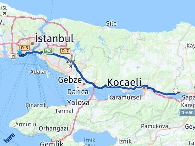 İstanbul Bakırköy Eşme Kartepe Kocaeli Arası Kaç Km - Yol Haritası