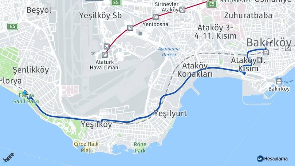 İstanbul Bakırköy Florya Bakırköy Arası Kaç Km - Yol Haritası