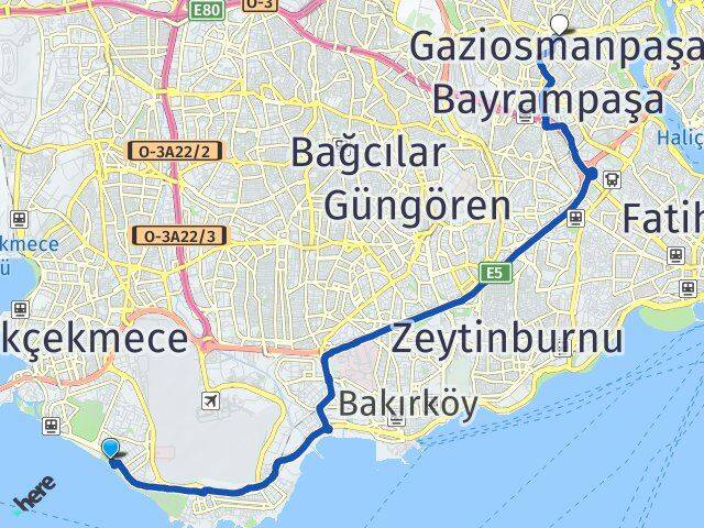 İstanbul Bakırköy Florya Gaziosmanpaşa Arası Kaç Km - Yol Haritası