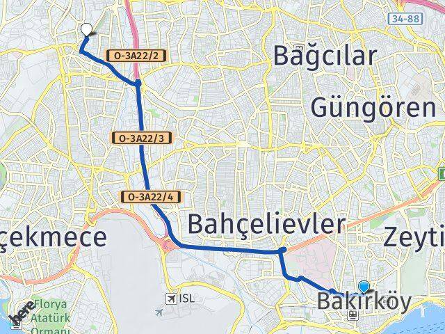 İstanbul Bakırköy Halkalı Küçükçekmece Arası Kaç Km - Yol Haritası