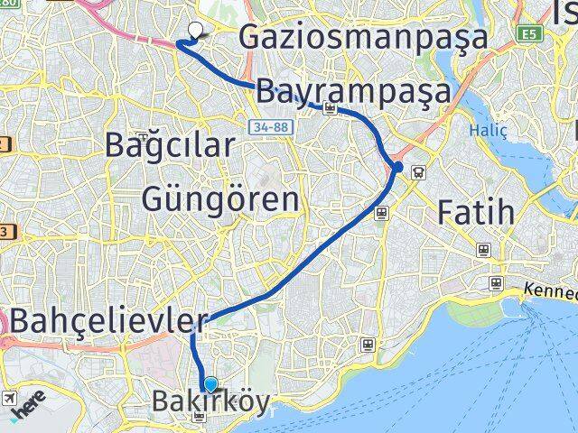 İstanbul Bakırköy Havaalanı Esenler Arası Kaç Km - Yol Haritası