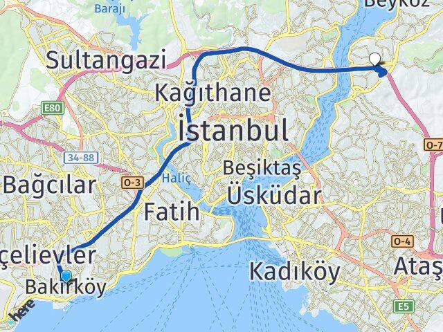 İstanbul Bakırköy Kavacık Beykoz Arası Kaç Km - Yol Haritası