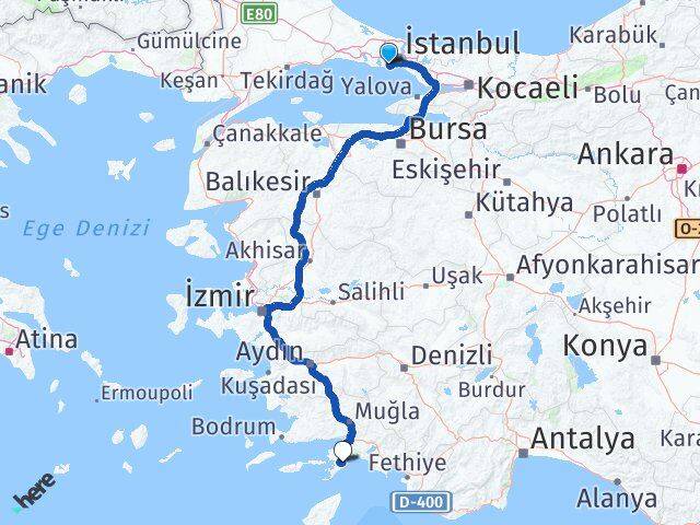 İstanbul Bakırköy Turunç Marmaris Muğla Arası Kaç Km - Yol Haritası