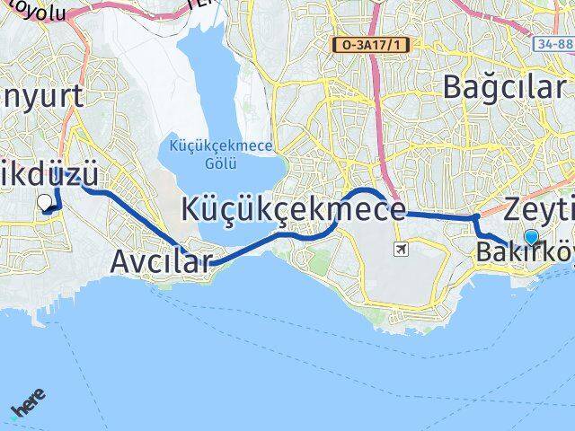 İstanbul Bakırköy Yakuplu Beylikdüzü Arası Kaç Km - Yol Haritası