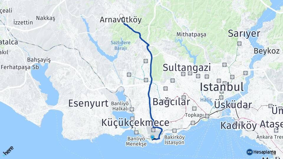 İstanbul Bakırköy Yeşilköy Arnavutköy Arası Kaç Km - Yol Haritası