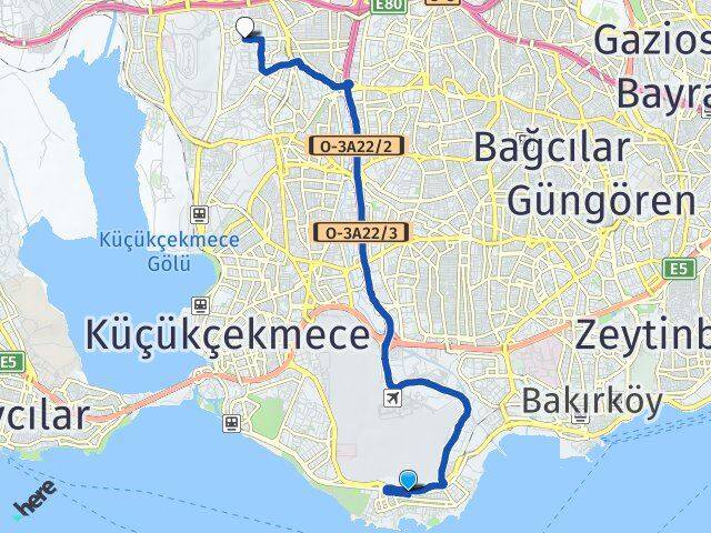 İstanbul Bakırköy Yeşilköy Atakent Küçükçekmece Arası Kaç Km - Yol Haritası
