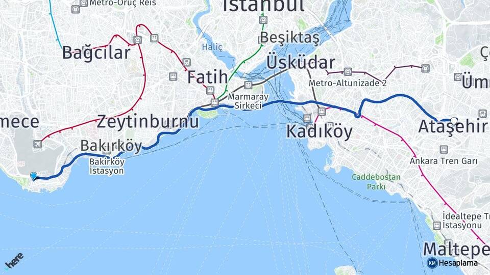 İstanbul Bakırköy Yeşilköy Ataşehir Arası Kaç Km - Yol Haritası