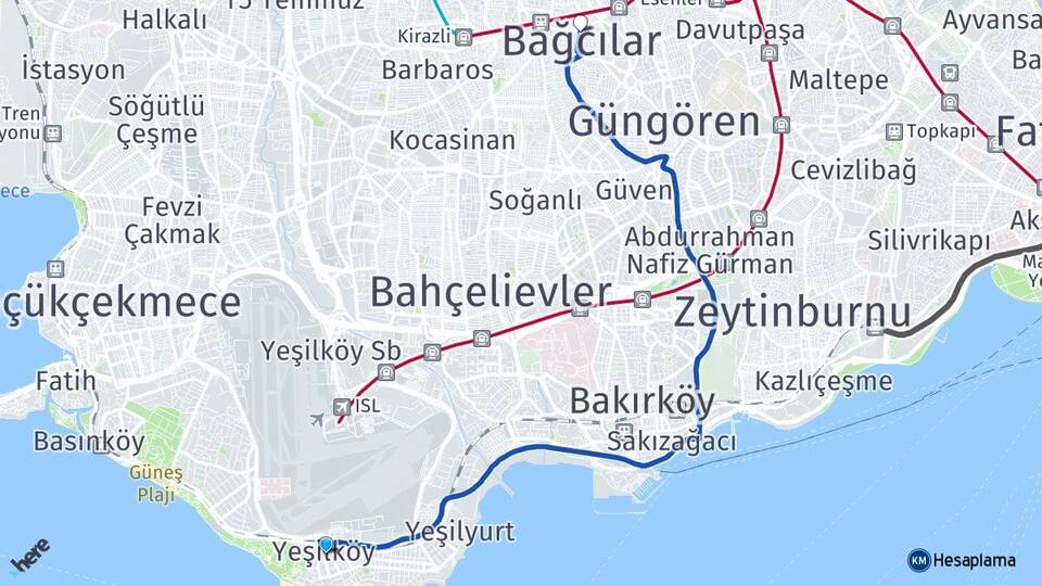 İstanbul Bakırköy Yeşilköy Bağcılar Arası Kaç Km - Yol Haritası