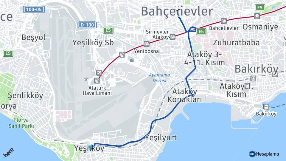 İstanbul Bakırköy Yeşilköy Bahçelievler Arası Kaç Km - Yol Haritası