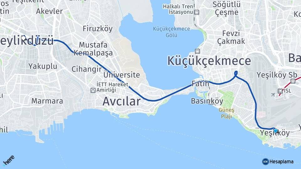 İstanbul Bakırköy Yeşilköy Beylikdüzü Arası Kaç Km - Yol Haritası