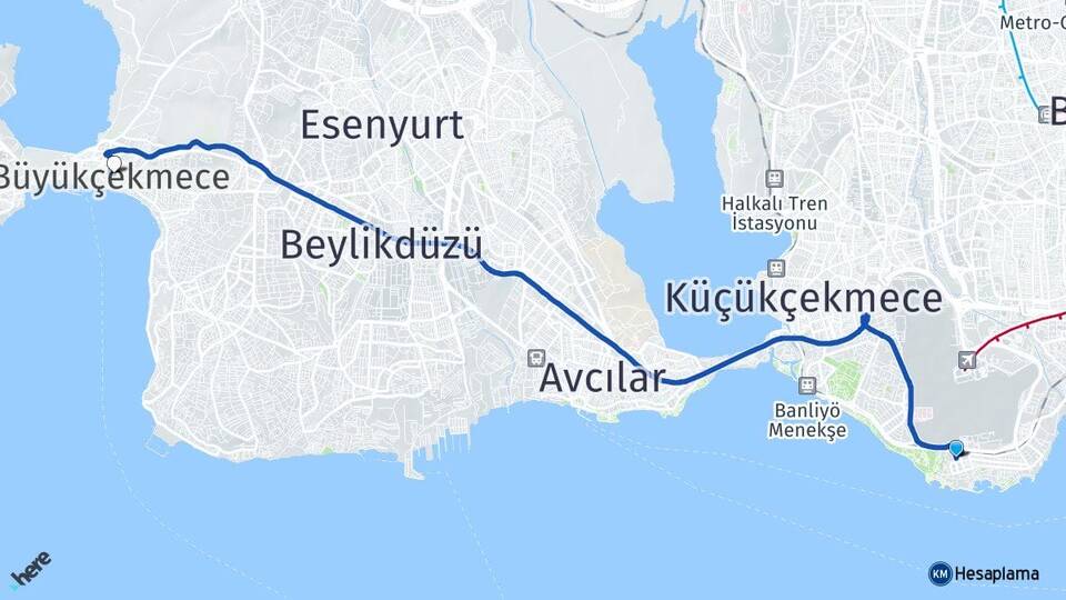 İstanbul Bakırköy Yeşilköy Büyükçekmece Arası Kaç Km - Yol Haritası