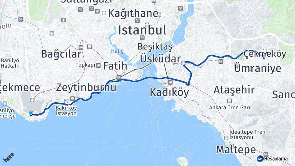 İstanbul Bakırköy Yeşilköy Çekmeköy Arası Kaç Km - Yol Haritası