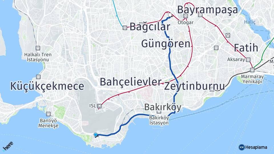 İstanbul Bakırköy Yeşilköy Esenler Arası Kaç Km - Yol Haritası