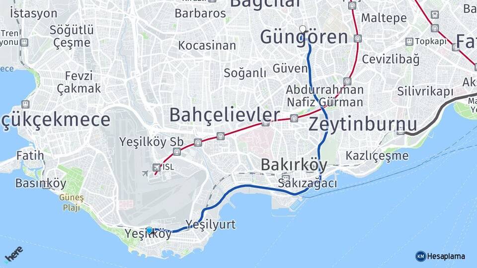 İstanbul Bakırköy Yeşilköy Güngören Arası Kaç Km - Yol Haritası