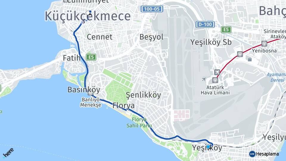 İstanbul Bakırköy Yeşilköy Küçükçekmece Arası Kaç Km - Yol Haritası