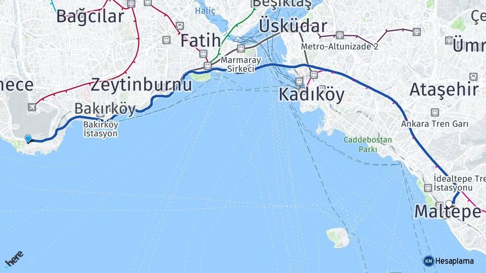 İstanbul Bakırköy Yeşilköy Maltepe Arası Kaç Km - Yol Haritası