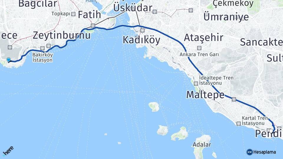 İstanbul Bakırköy Yeşilköy Pendik Arası Kaç Km - Yol Haritası