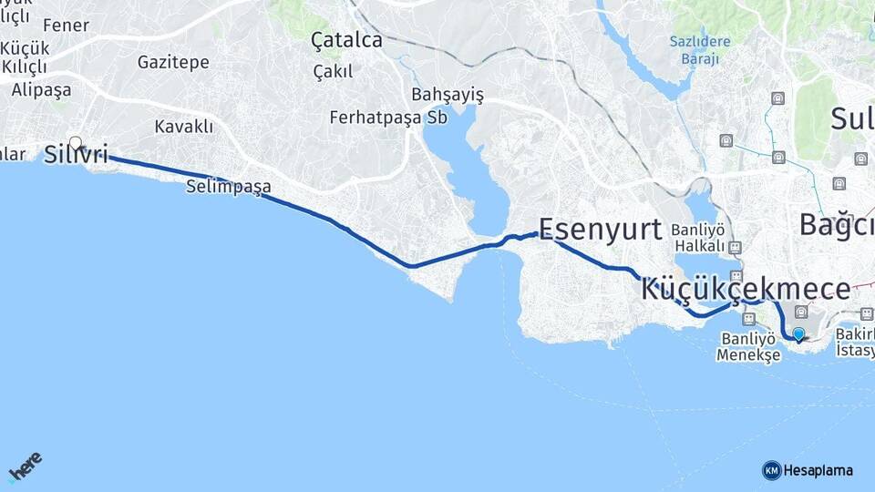 İstanbul Bakırköy Yeşilköy Silivri Arası Kaç Km - Yol Haritası